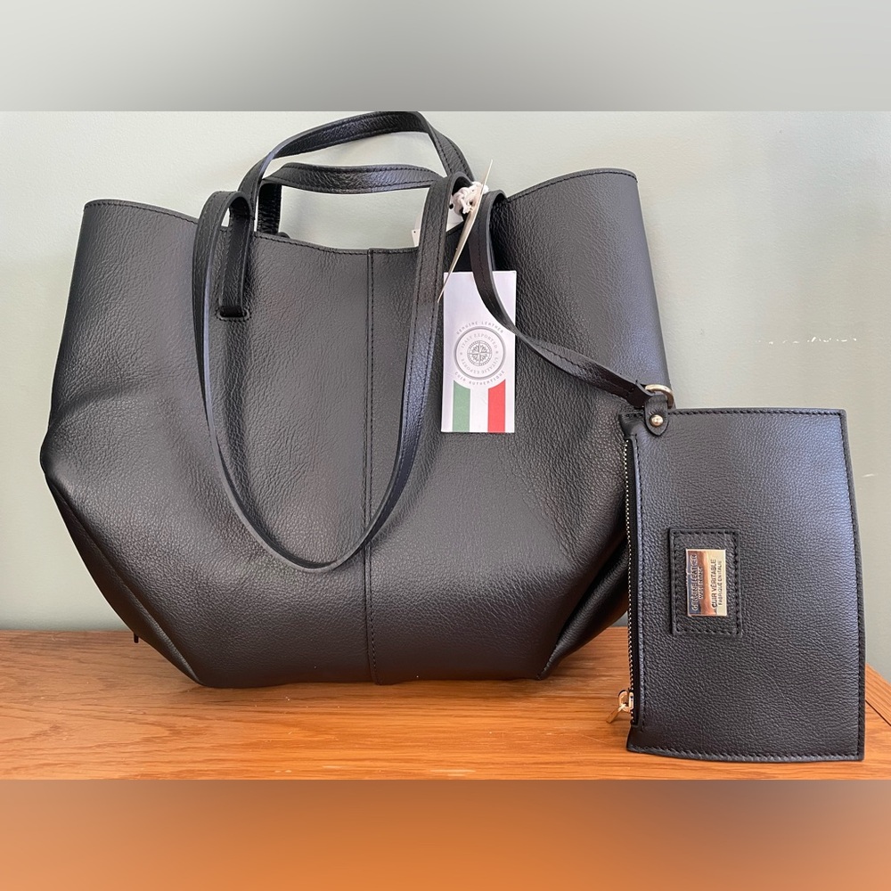 VIOLA CASTELLANI Genuine Leather Italy Black Tote Bag Detachable Pouch NEW